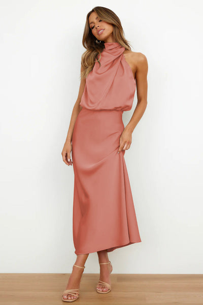 Carlina | Abito Lungo in Satin con Scollo Halter
