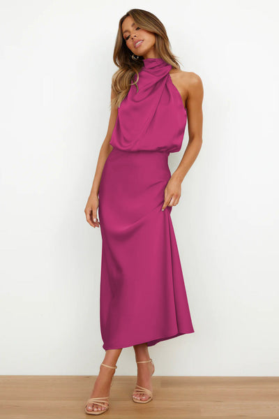 Carlina | Abito Lungo in Satin con Scollo Halter