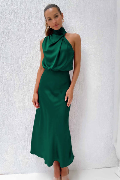 Carlina | Abito Lungo in Satin con Scollo Halter