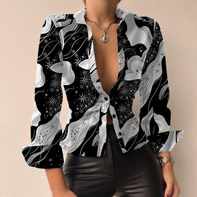 Silvia | Blusa in PU pelle stampata con scollo a V e maniche lunghe patchwork