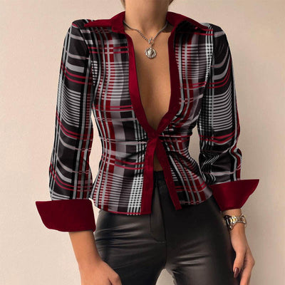Silvia | Blusa in PU pelle stampata con scollo a V e maniche lunghe patchwork