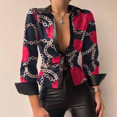 Silvia | Blusa in PU pelle stampata con scollo a V e maniche lunghe patchwork