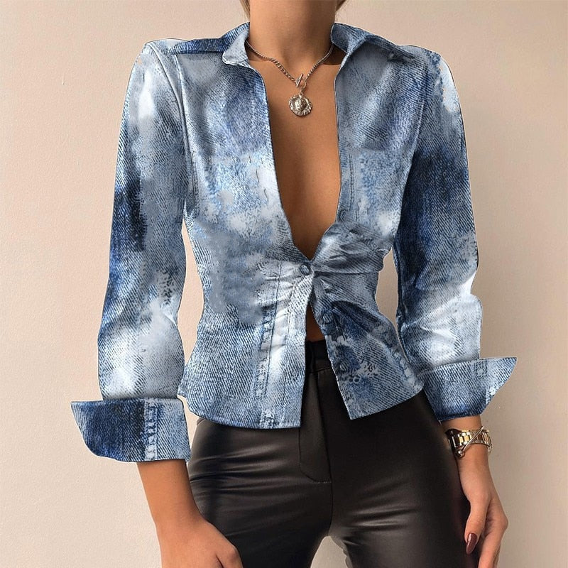 Silvia | Blusa in PU pelle stampata con scollo a V e maniche lunghe patchwork