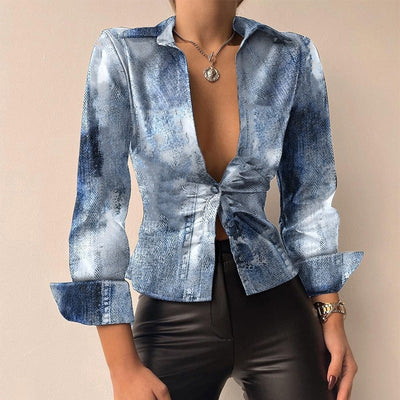 Silvia | Blusa in PU pelle stampata con scollo a V e maniche lunghe patchwork