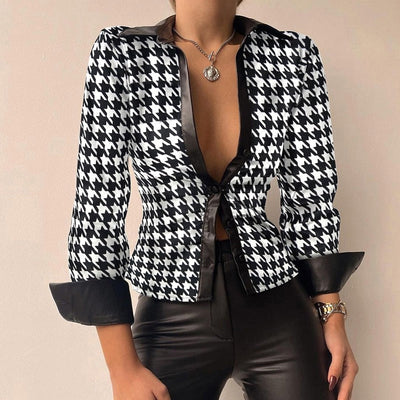 Silvia | Blusa in PU pelle stampata con scollo a V e maniche lunghe patchwork