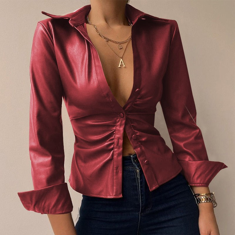 Silvia | Blusa in PU pelle stampata con scollo a V e maniche lunghe patchwork