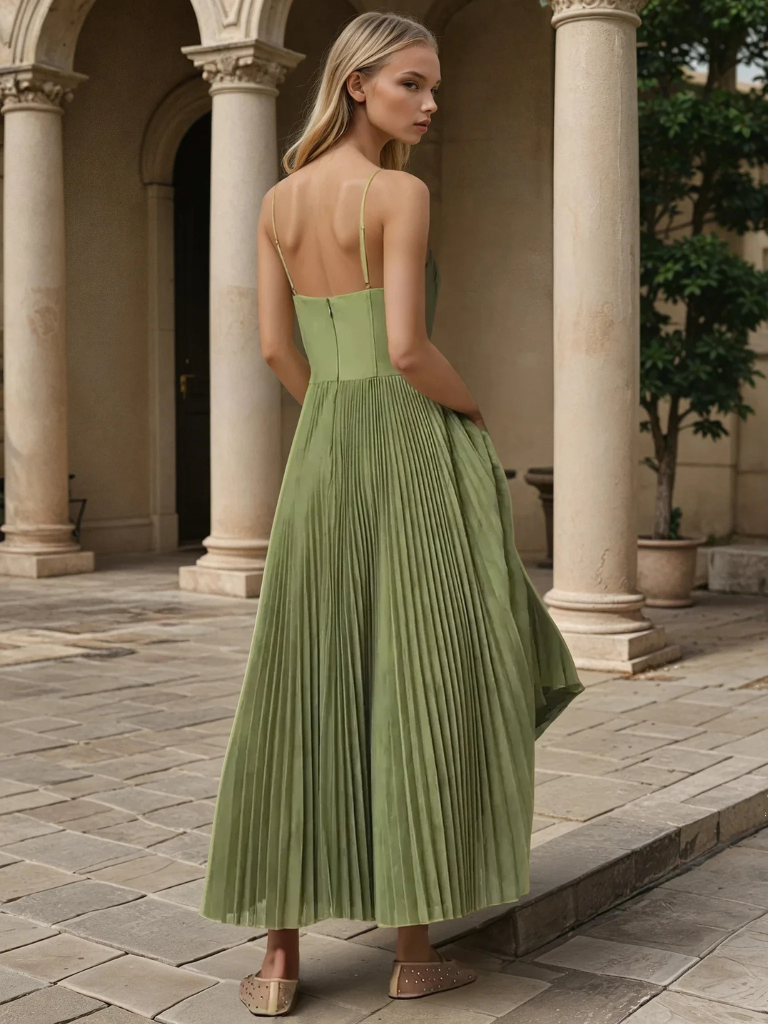 Veronique - Maxi abito elegante a pieghe verde oliva