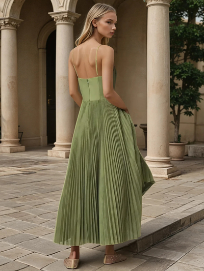 Veronique - Maxi abito elegante a pieghe verde oliva