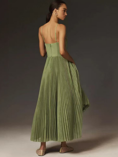 Veronique - Maxi abito elegante a pieghe verde oliva