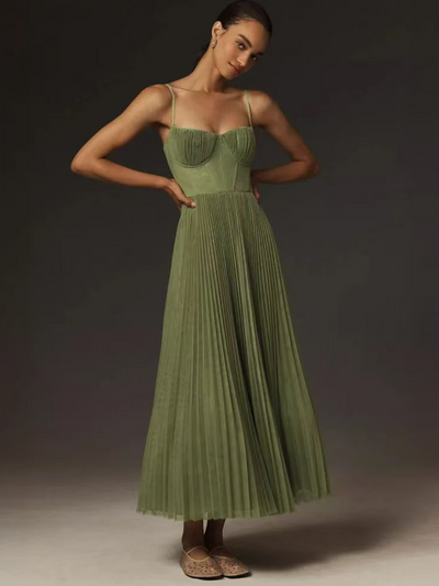 Veronique - Maxi abito elegante a pieghe verde oliva