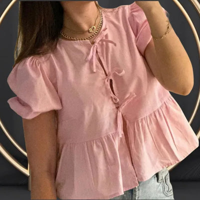 Rosa | Blusa alla moda con stampa leopardata e maniche a sbuffo