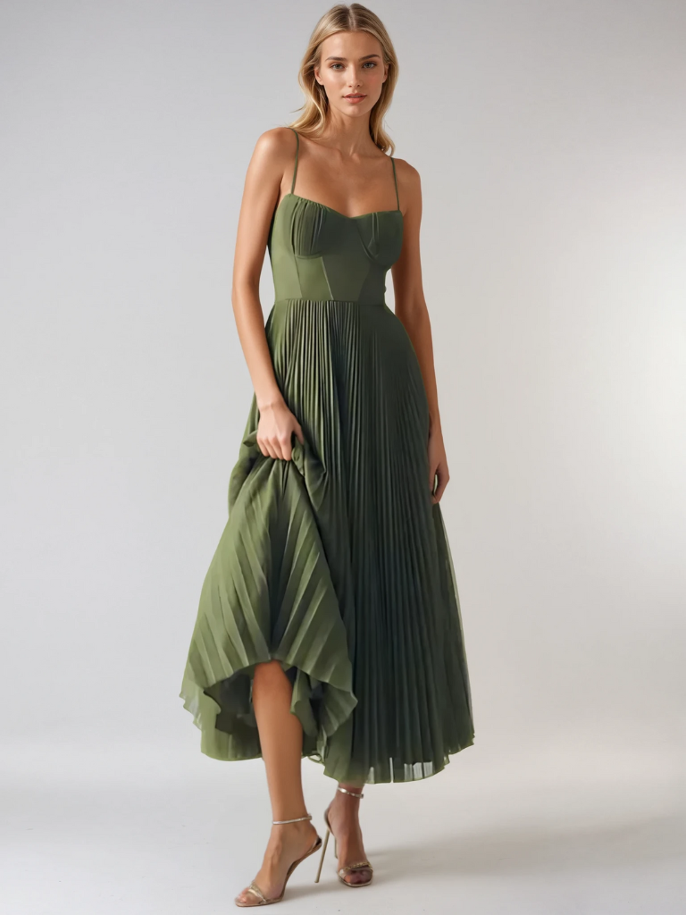 Veronique - Maxi abito elegante a pieghe verde oliva