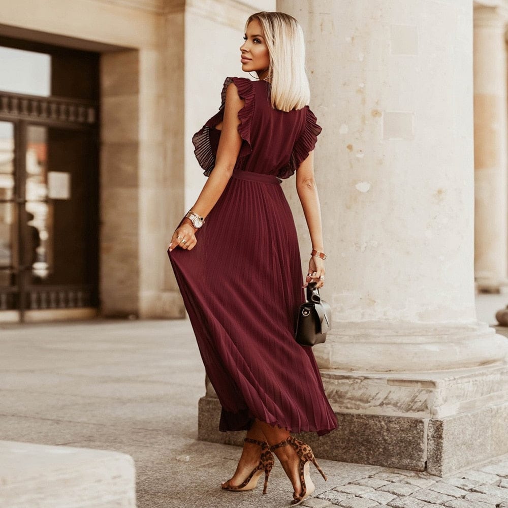 Elena™ Vestito Festivo Bohemien Rosso Scuro con Scollatura a V