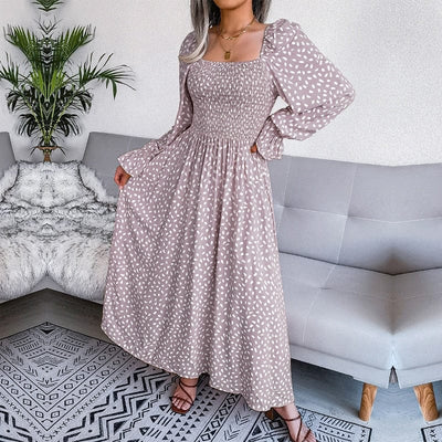 Lotte™ Elegante Abito Maxi Beige a Manica Lunga