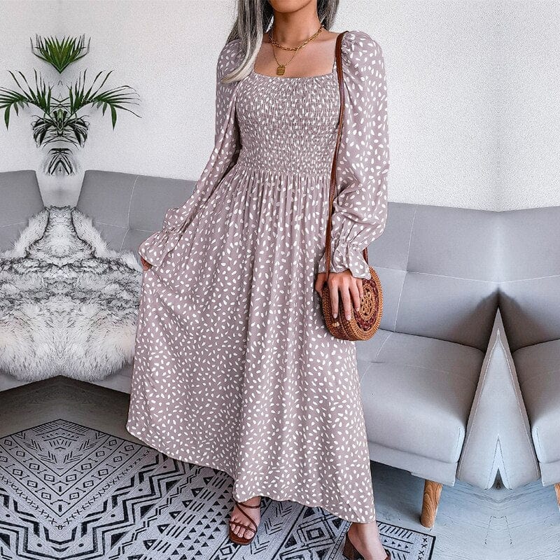 Lotte™ Elegante Abito Maxi Beige a Manica Lunga