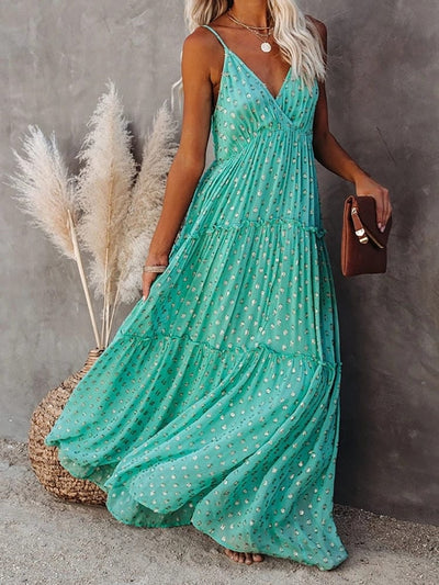 Evi™ Abito Maxi Verde Con Scollo A V E Stampa Estiva Ibiza