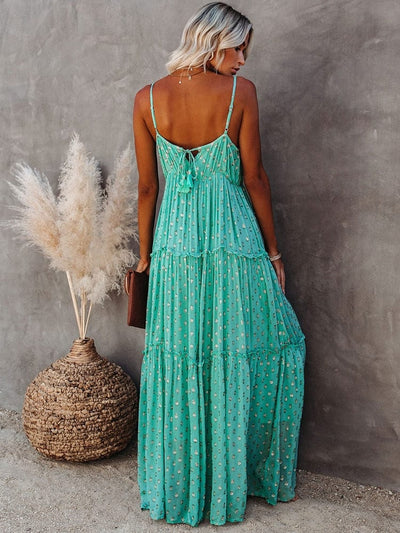Evi™ Abito Maxi Verde Con Scollo A V E Stampa Estiva Ibiza