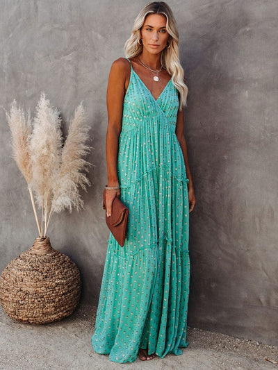Evi™ Abito Maxi Verde Con Scollo A V E Stampa Estiva Ibiza