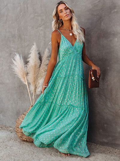 Evi™ Abito Maxi Verde Con Scollo A V E Stampa Estiva Ibiza