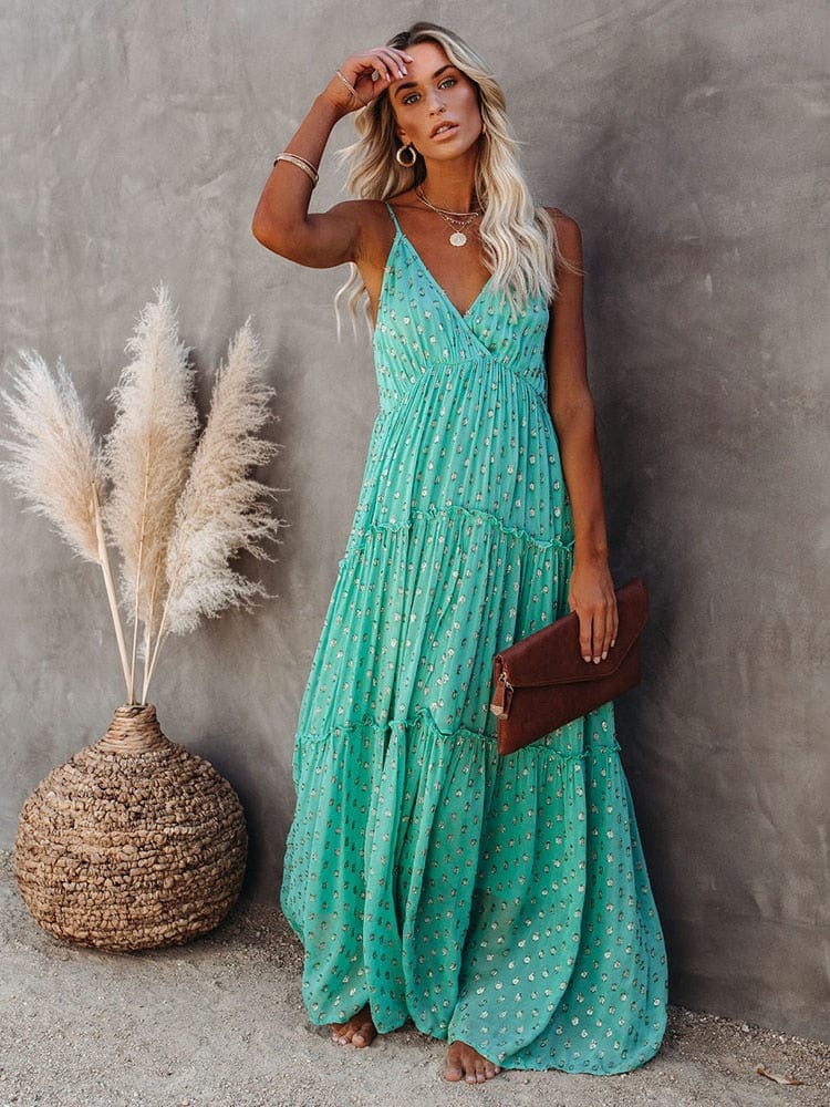 Evi™ Abito Maxi Verde Con Scollo A V E Stampa Estiva Ibiza