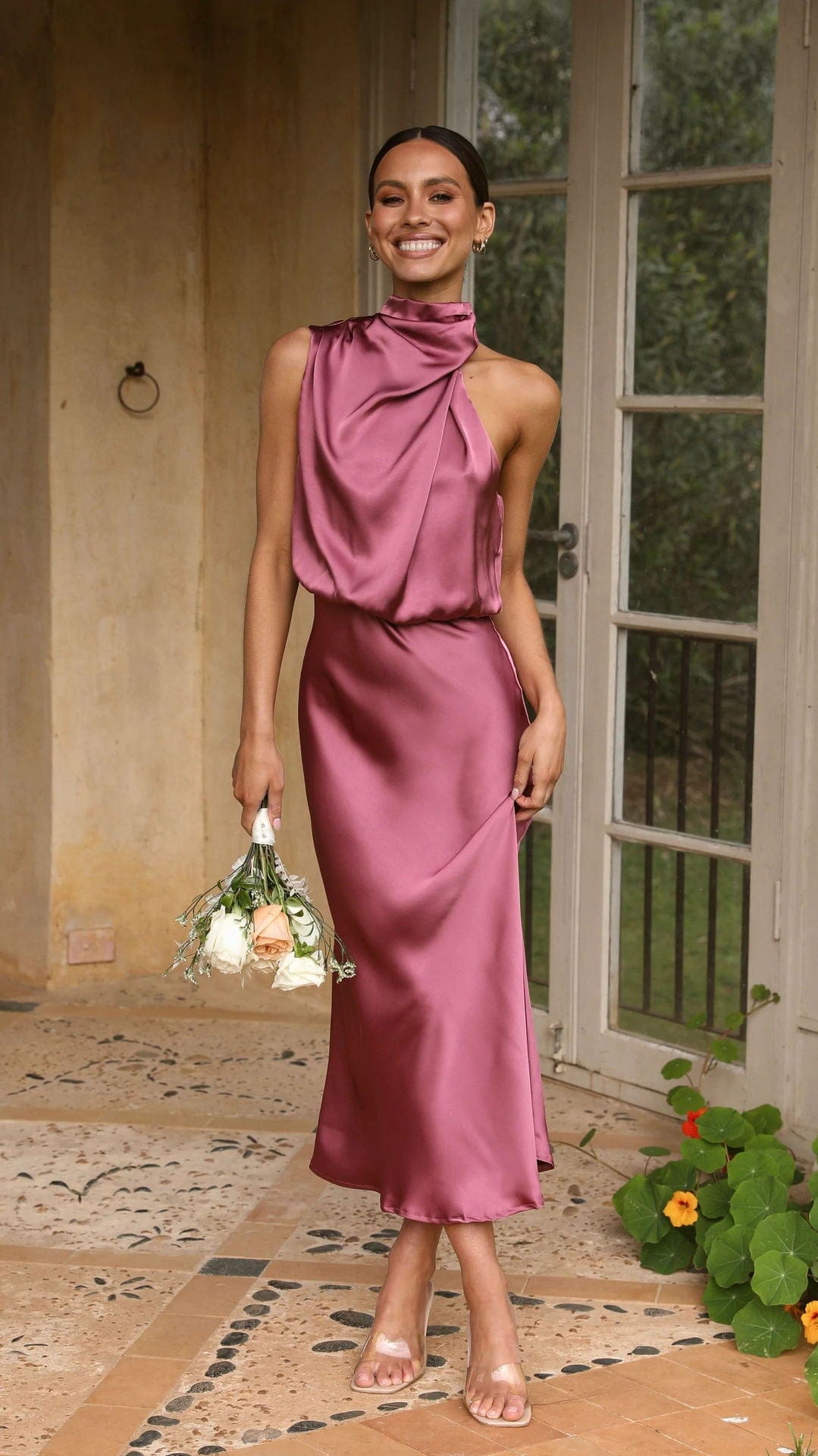 Rochella™ - Elegante Abito Satinato con Collo Alto Rosa Antico