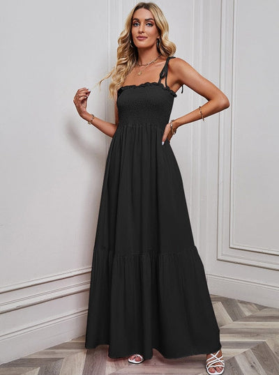 Saar™ Abito Maxi Nero Semplice con Spalline Sottile
