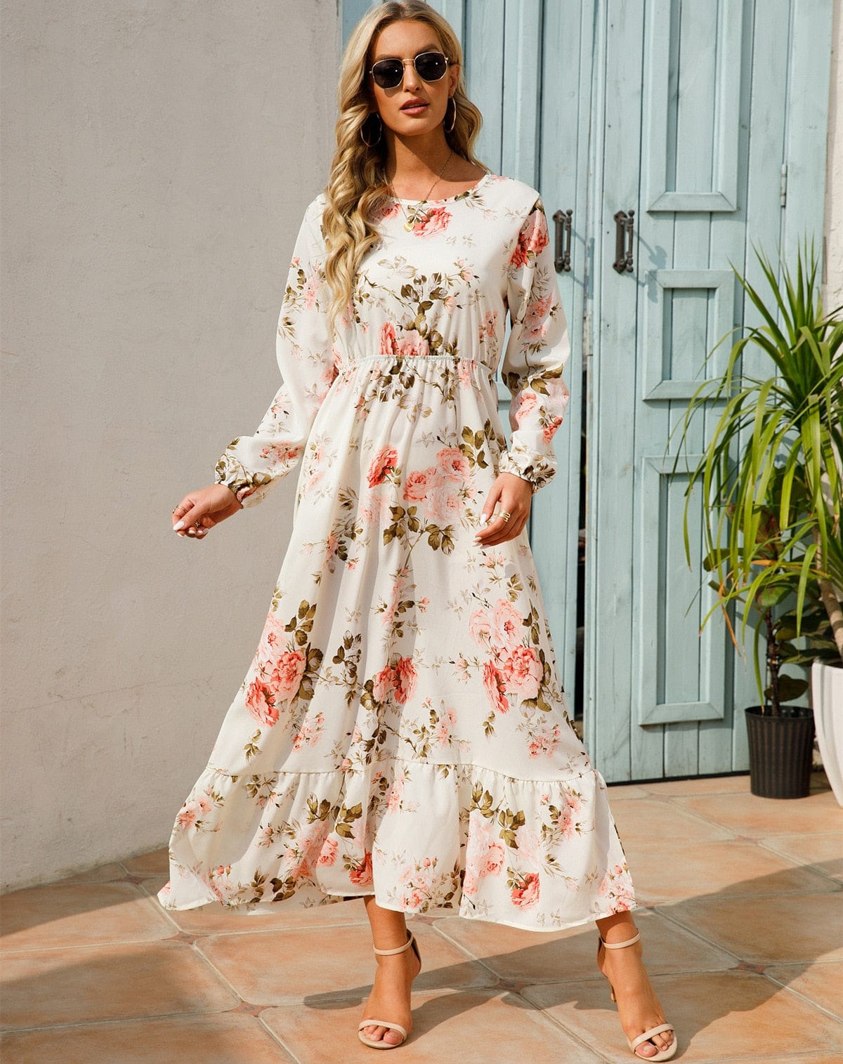 Julia™ Witte Maxi Abito a Maniche Lunghe con Stampa Floreale Estiva