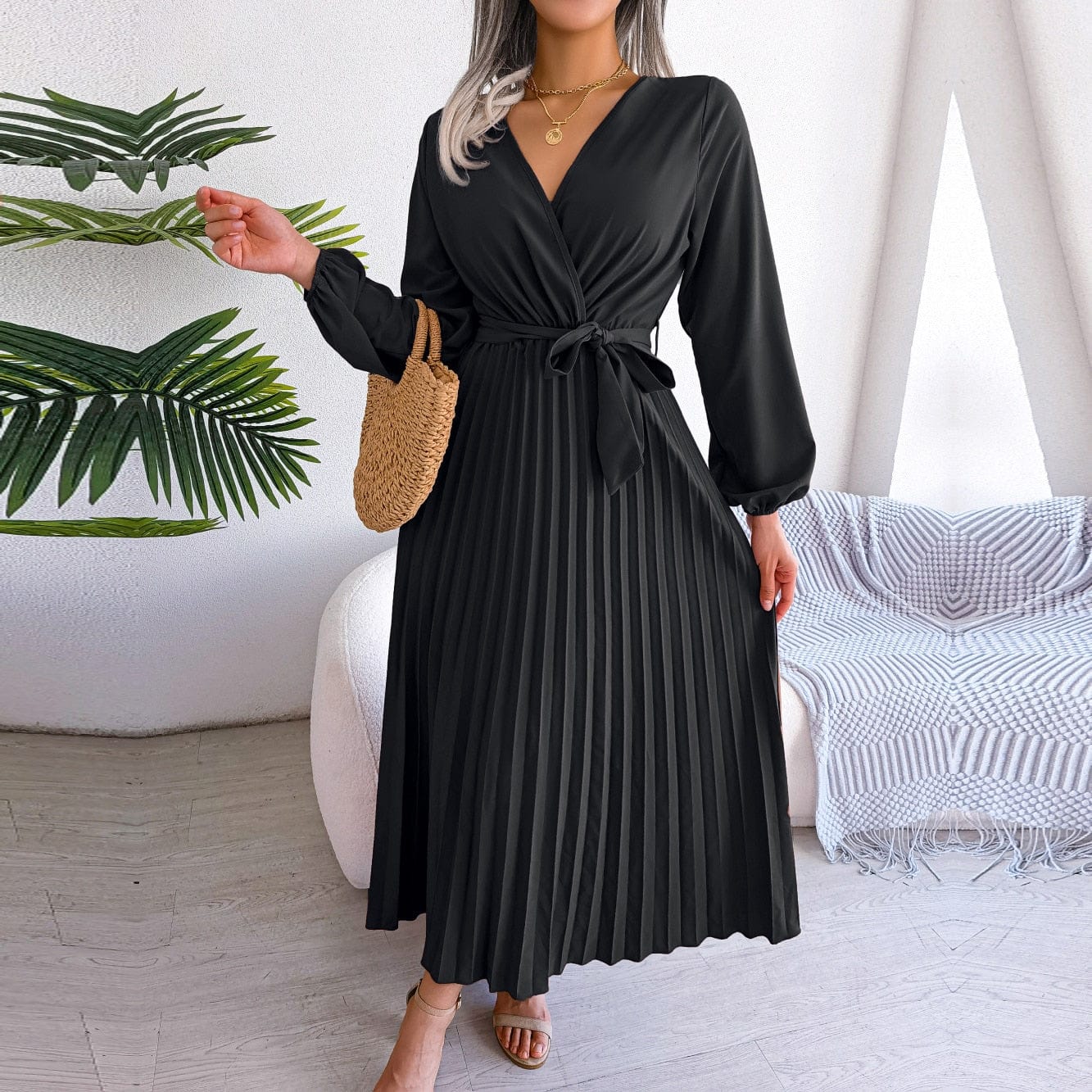 Amy™ Vestito Maxi Elegante Nero con Scollatura a V Stile Boho Festivo
